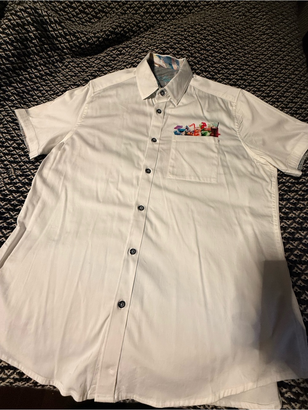 Men's White Short-Sleeve Button-Up Shirt with Colorful Pocket Accent